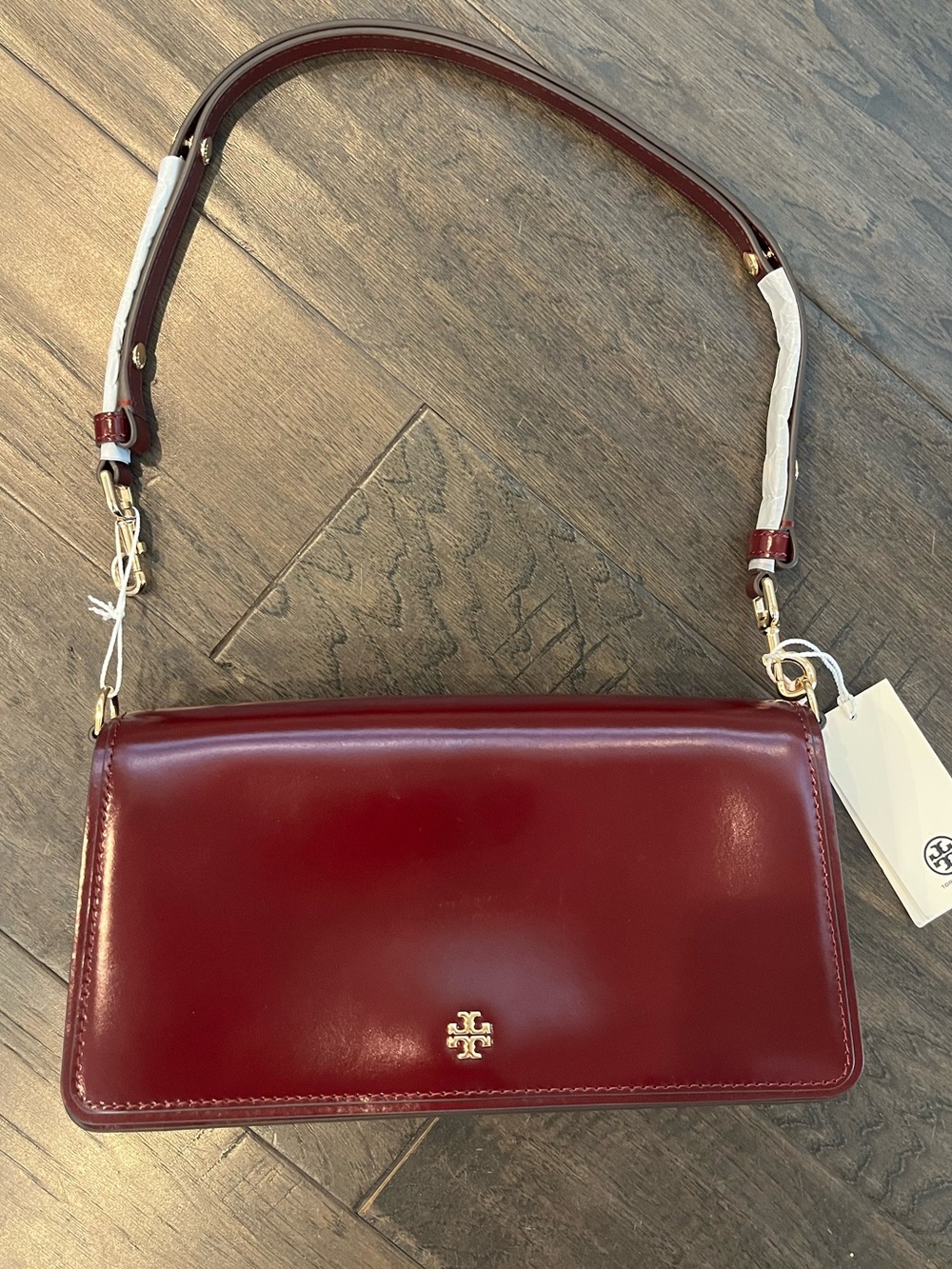 NWT Tory Burch Emerson Patent Convertible Leather Crossbody | Royal Burgundy - Picture 2 of 14
